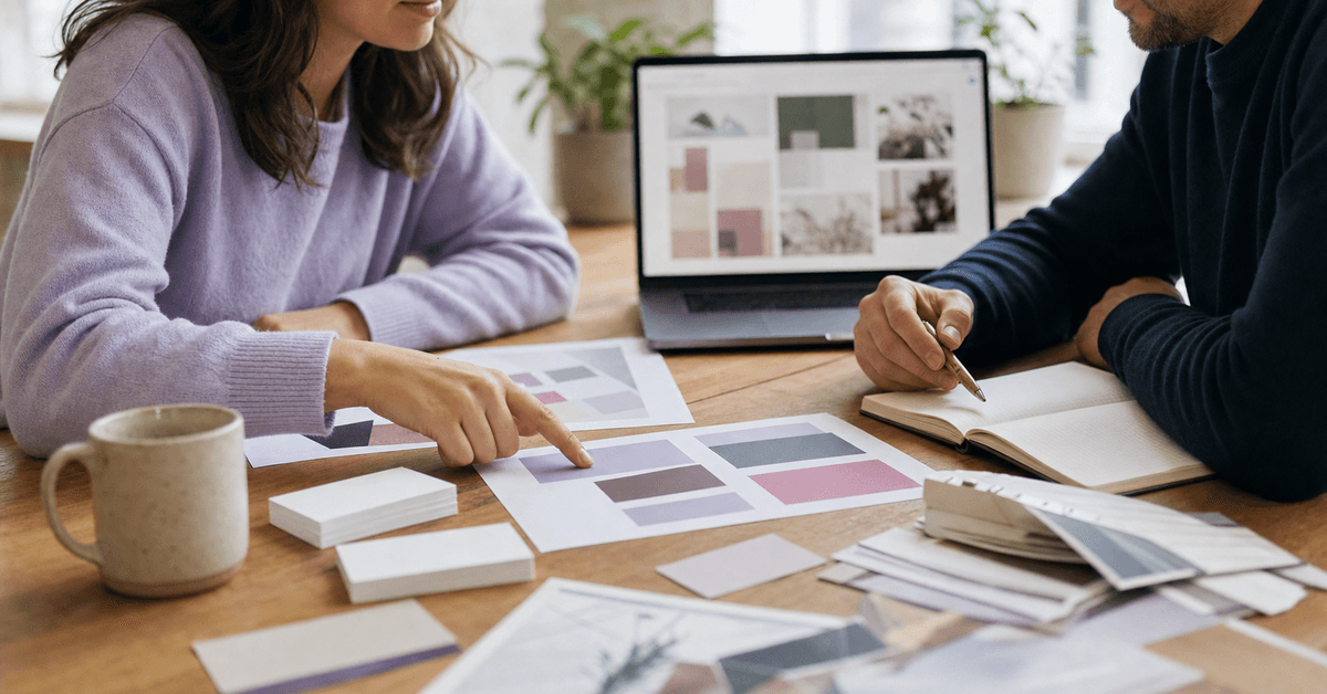 Equipa a rever materiais de branding, cores e identidade visual numa mesa de trabalho