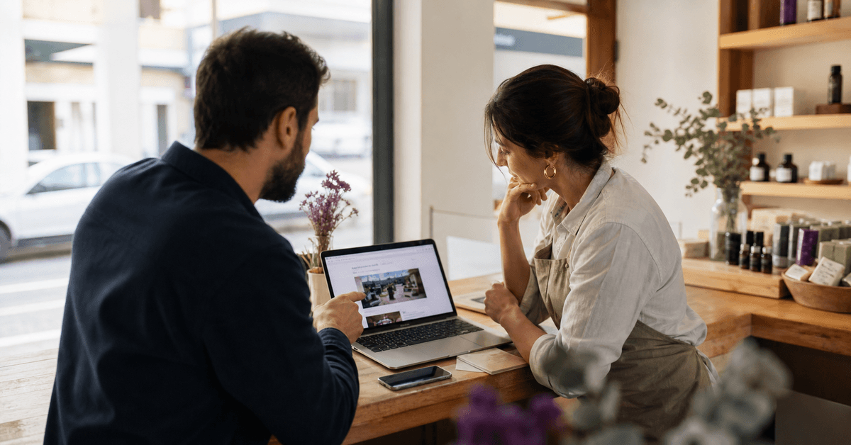 Consultor e proprietária de negócio local a rever presença online num portátil