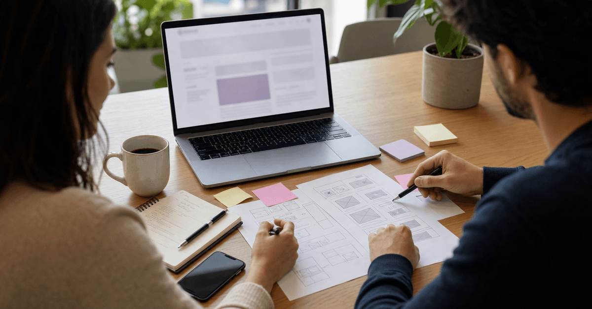 Cliente e designer a planear a estrutura de um website com portátil e wireframes em papel